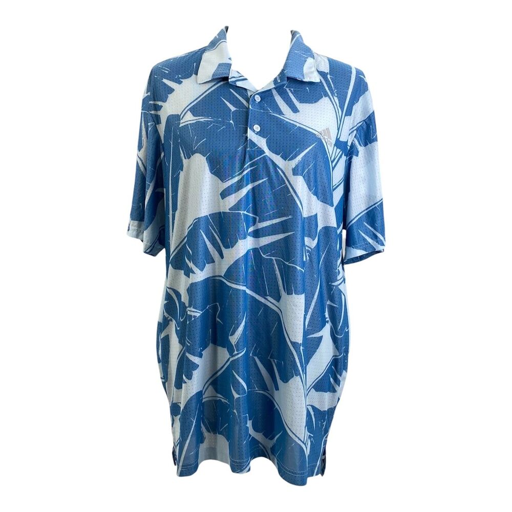 Adidas Golf Polo Shirt Mens XL Blue Palm Leaf Vibes Print Mesh Vent Performance